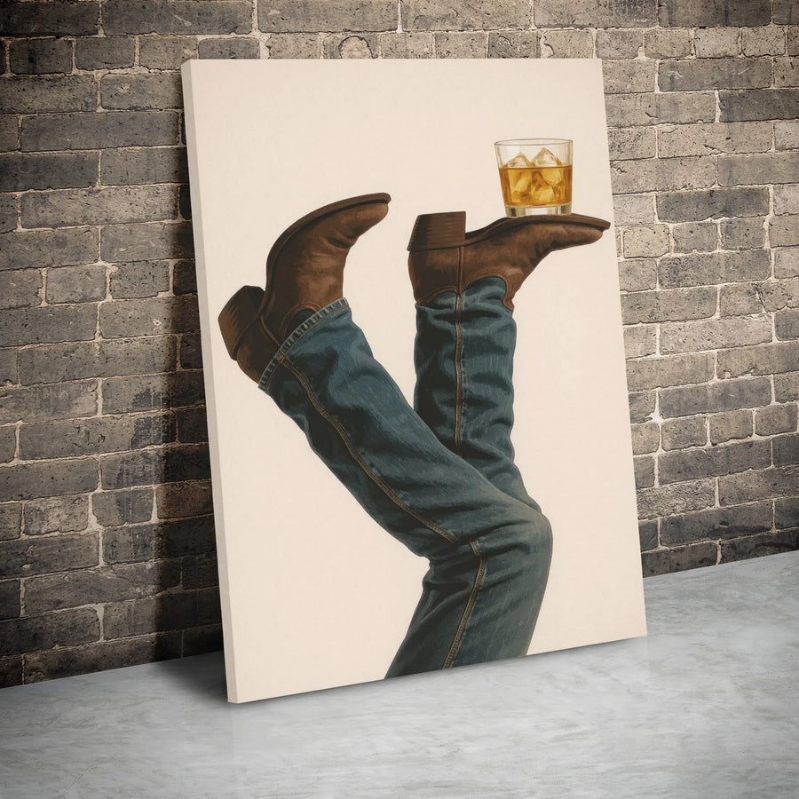 Western Cowboy Boots Whiskey Wall Art | Modern Rustic Home Decor | 1.25-Inch Gallery Wrap Canvas | Unique Gift For Him Or Bar Room Decor