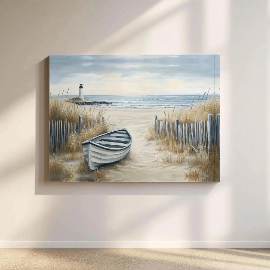 Coastal Lighthouse Canvas Wall Art | Serene Beach Boat Landscape | Premium Gallery Wrap 1.25” Frame | Nautical Decor for Living Room Gift