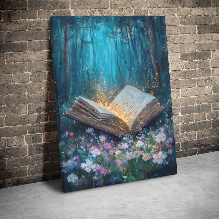 Enchanted Forest Wall Art | Magical Glowing Book In Wildflowers | Premium Gallery Wrap Canvas | Fantasy Decor Gift For Book Lovers