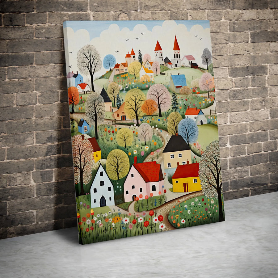 Whimsical Village Canvas Print | Colorful Folk Art Landscape | Premium Wall Art | Modern Home & Living Room Decor Gift