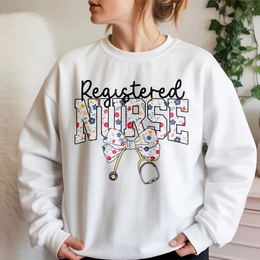 Registered Nurse Sweatshirt | Floral Stethoscope Bow Design | Premium Cotton Blend | Graduation Gift for RN Nurse Student
