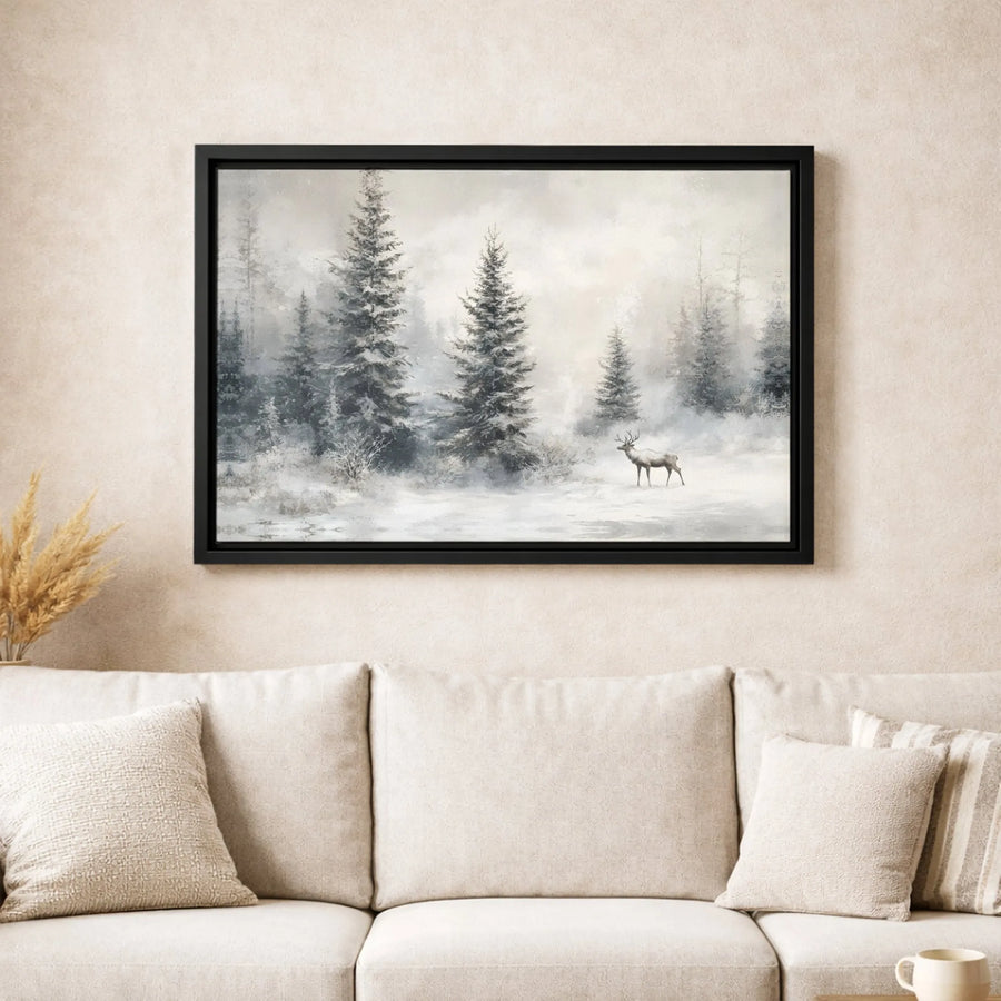 Winter Forest Canvas Wall Art | Lone Deer Snowy Pine Scene | Gallery Quality Premium Print | Rustic Nature Home Decor Gift