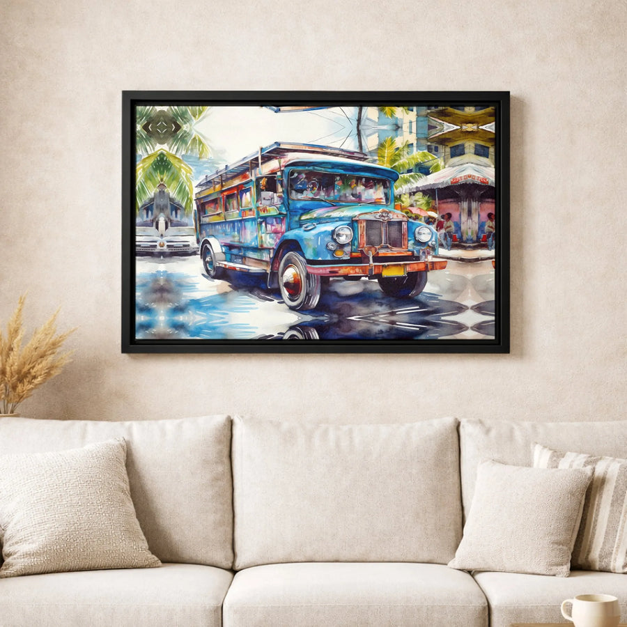 Philippine Jeepney Canvas Print | Watercolor Street Art Decor | Premium 1.25 Inch Gallery Wrap | Unique Travel Gift for Filipino Culture
