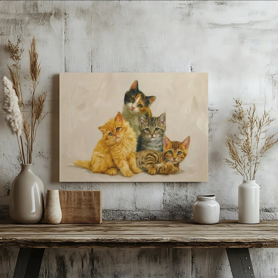 Four Kittens Wall Art | Vintage Oil Painting Style Print | Premium Gallery Wrapped Canvas | Charming Cat Lover Home Decor Gift