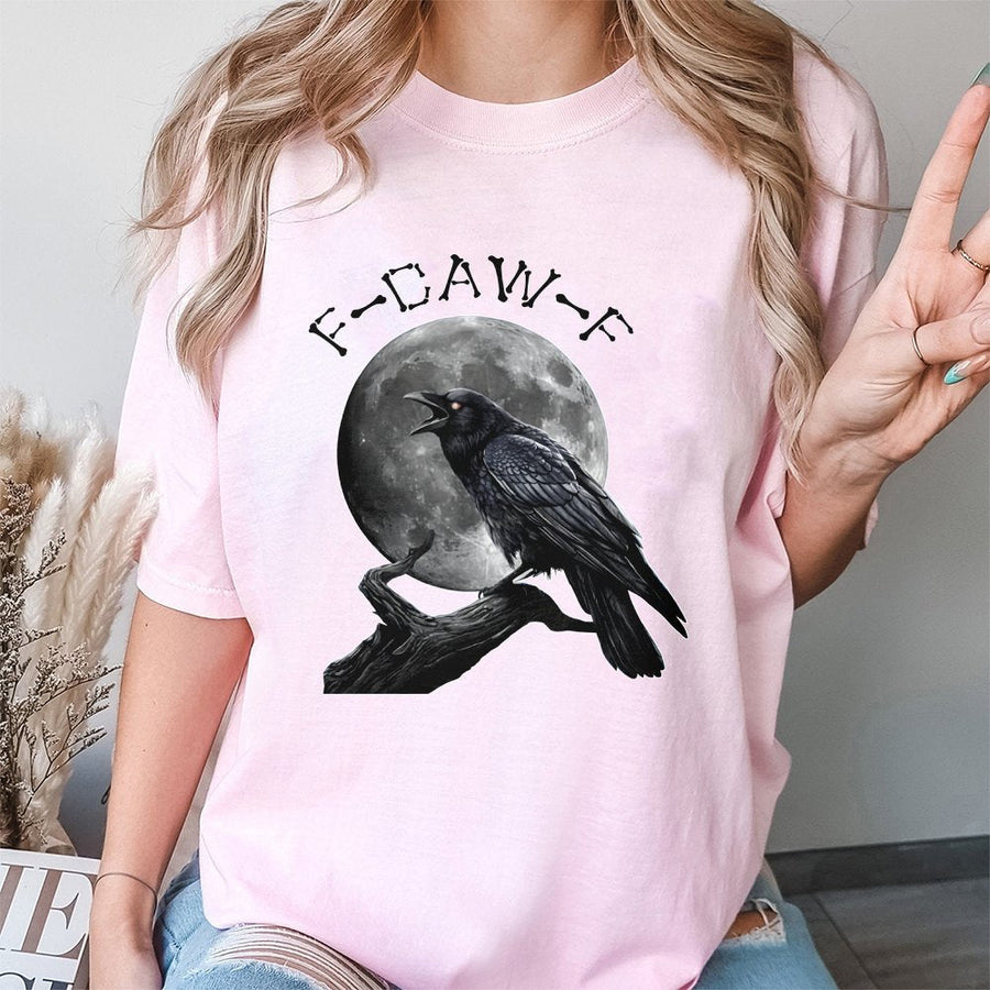 Crow Moon Graphic T-Shirt | F-Caw-F Funny Bird Pun | 100% Cotton Premium Tee | Gothic Birdwatcher Gift for Men and Women