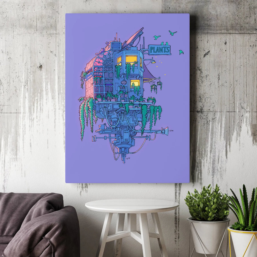Sci-Fi Plant Station Vertical Canvas | Vibrant Floating Botanical Outpost Art | Premium Gallery Wrapped Canvas | Gift for Gamer and Plant Lovers