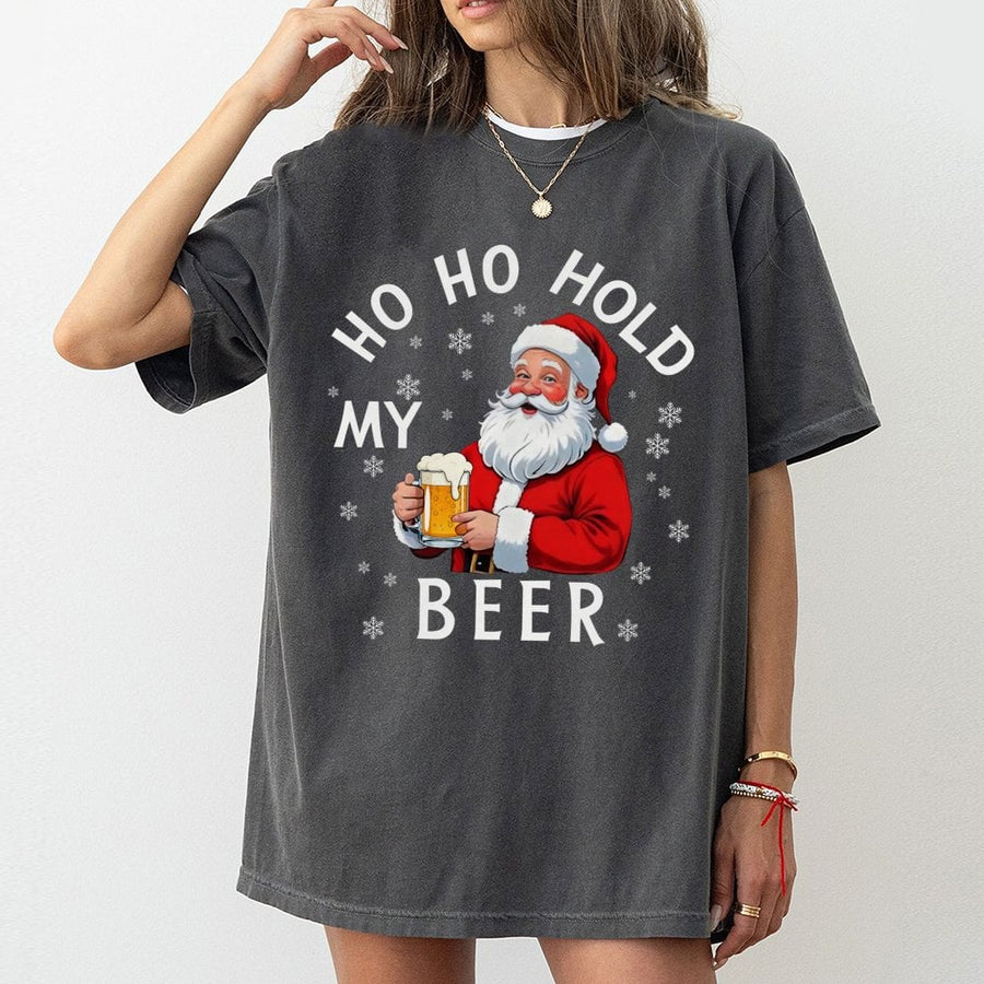 Ho Ho Hold My Beer Santa T-Shirt | Funny Christmas Drinking Graphic Tee | 100% Cotton Premium Apparel | Gift for Men & Beer Lovers