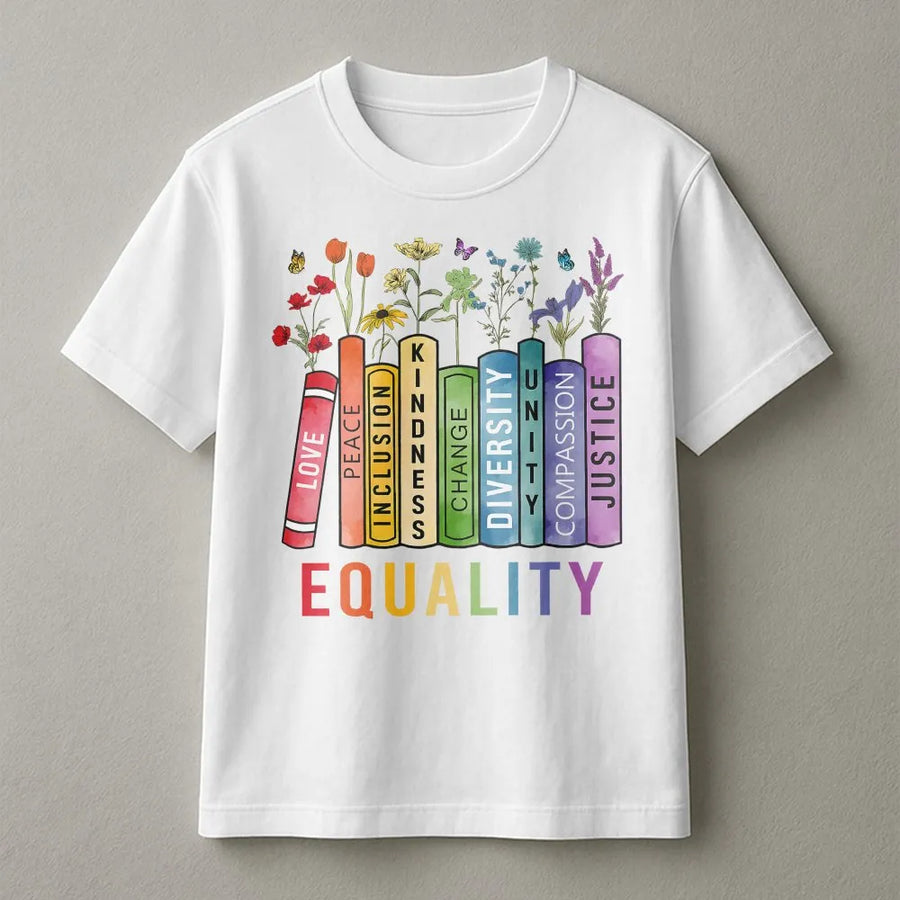 Equality T-Shirt | Social Justice Bookshelf Floral Design | Premium Cotton Blend | Human Rights Activist Gift