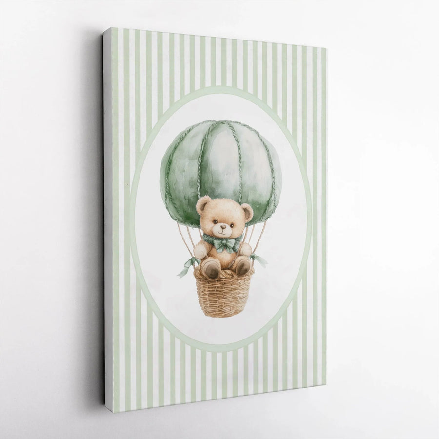Watercolor Teddy Bear Wall Art | Sage Green Hot Air Balloon Nursery Decor | Gallery Quality 1.25" Canvas | Baby Shower Gift for Kids Room