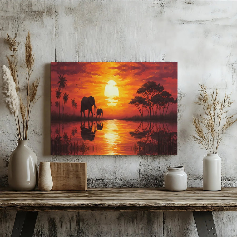 African Elephant Sunset Canvas Wall Art | Vibrant Savanna Silhouette Painting | Premium Fade-Resistant Print | Wildlife Wall Decor for Living Room