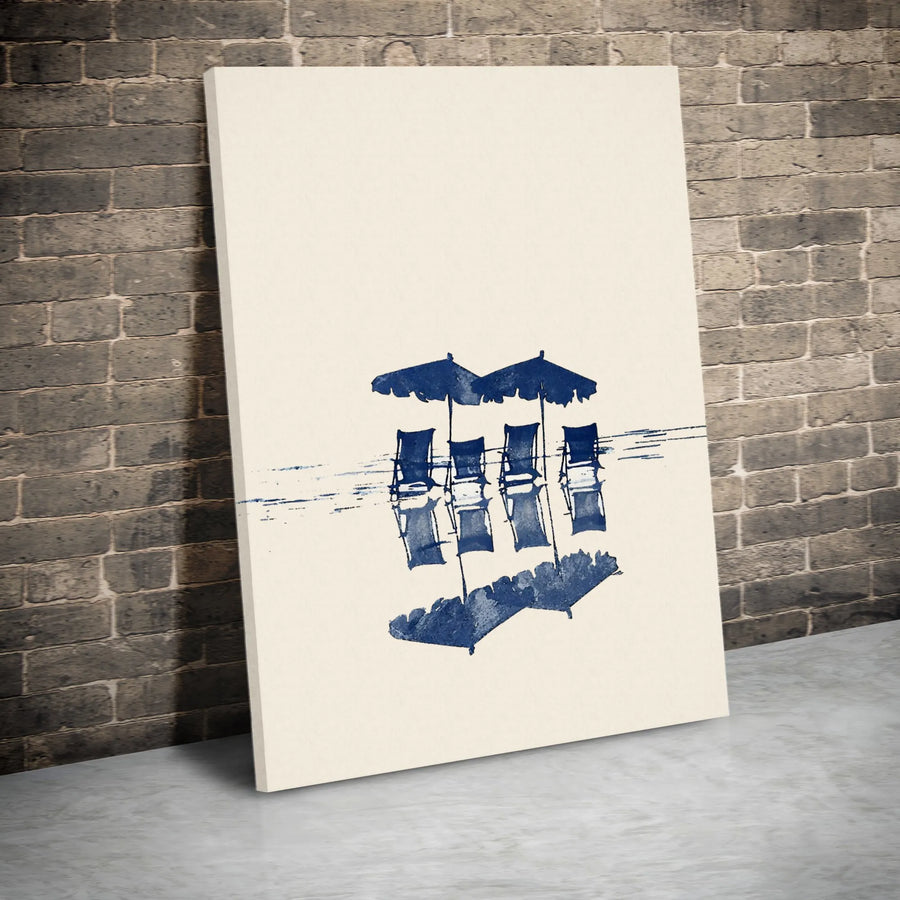 Coastal Beach Art Canvas Print | Blue Ink Umbrella and Chairs Reflection | Premium Gallery Wrapped | Modern Minimalist Home Decor