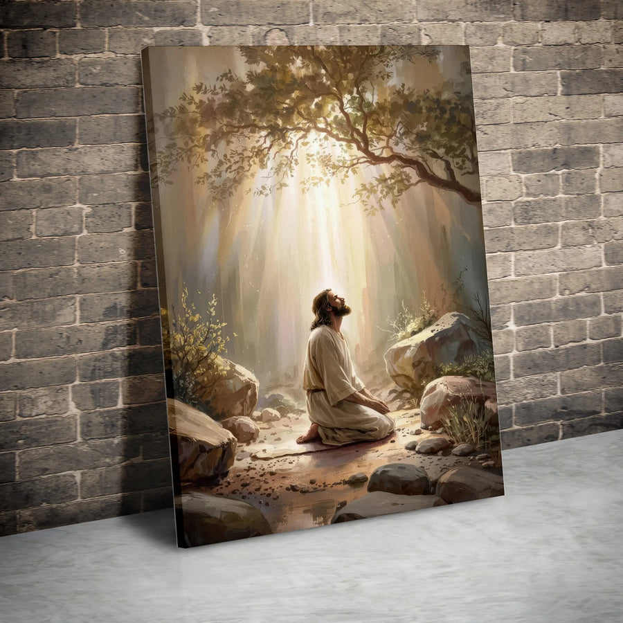 Jesus Kneeling in Prayer Canvas | Divine Light Christian Wall Art | Premium Gallery-Wrapped Religious Print | Spiritual Home Decor Gift