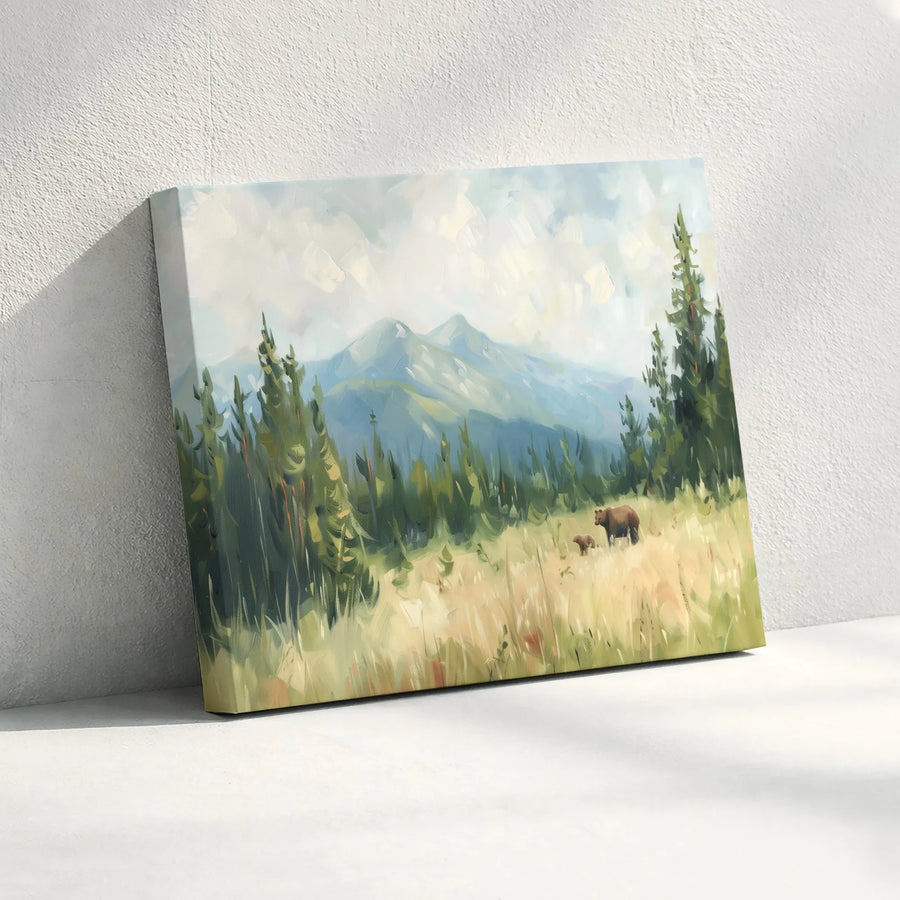 Mountain Bear Canvas Wall Art | Painterly Forest Landscape Print | Premium Gallery Quality Canvas | Gift for Nature Lover Rustic Cabin Decor