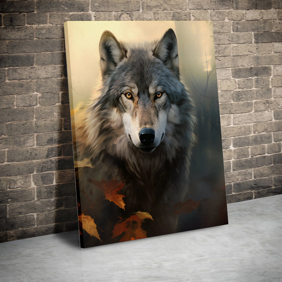 Gray Wolf Canvas Wall Art | Majestic Autumn Forest Portrait | Premium 1.25 Inch Gallery Wrap | Wildlife Nature Decor Gift for Nature Lovers