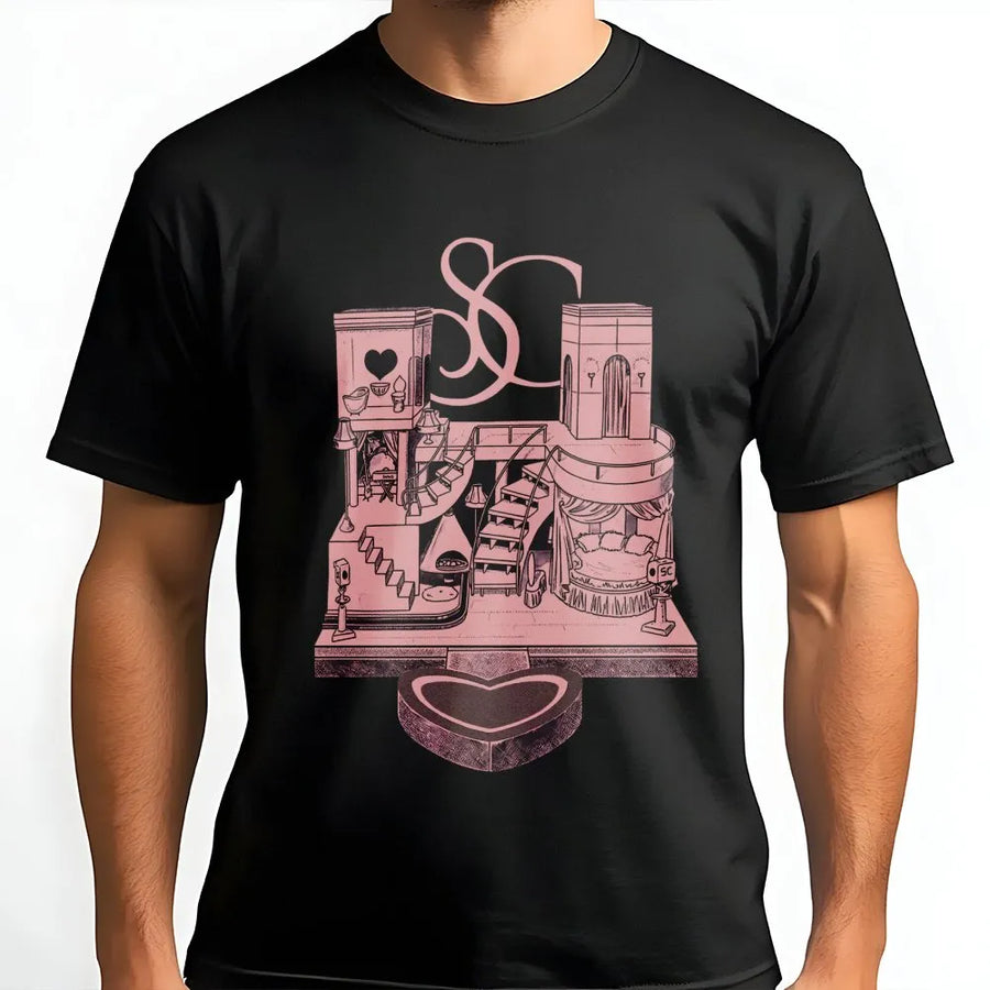 Graphic Music Album T-Shirt | Pink Dollhouse Bedroom Illustration | Premium 100% Cotton Tee | Gift for Pop Music Fans
