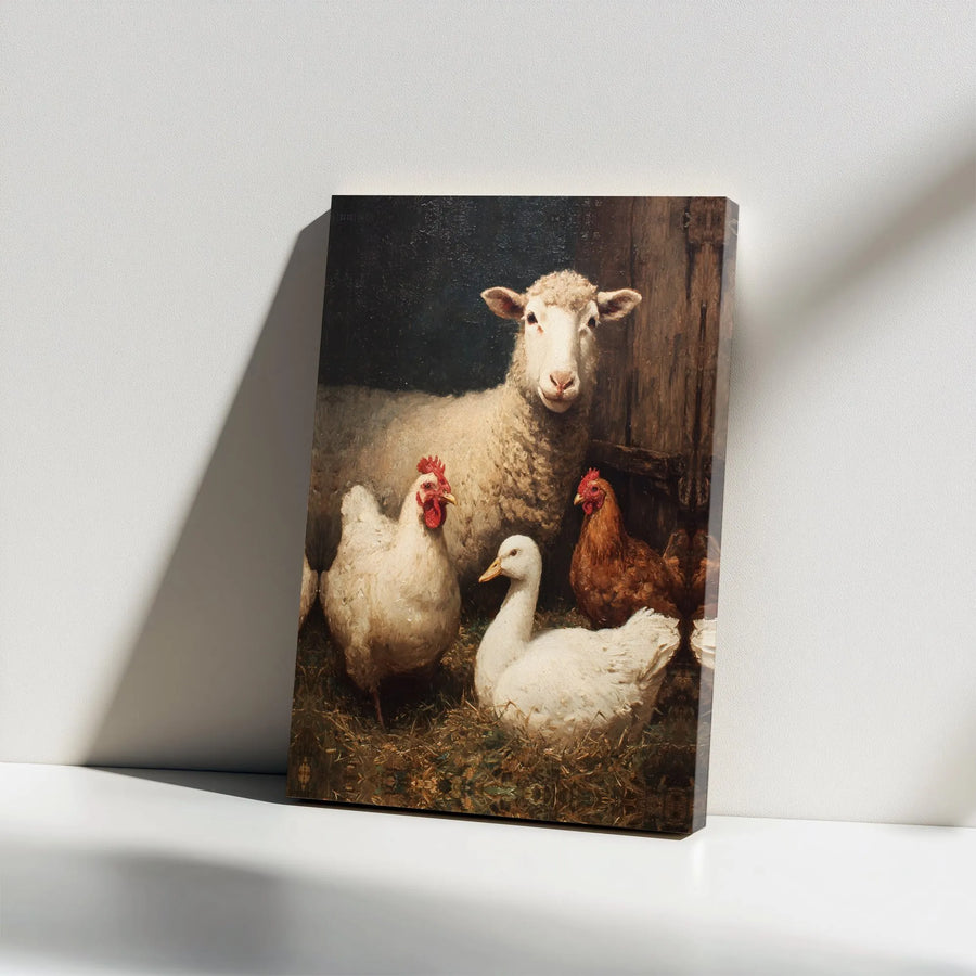 Vintage Farm Animals Canvas Print | Classic Sheep & Chickens Painting | Premium Gallery Wrap Wall Art | Rustic Farmhouse Decor Gift