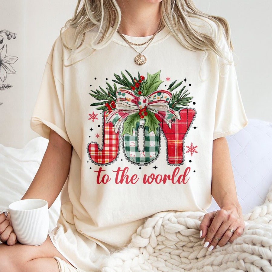 Joy To The World Christmas T-Shirt | Plaid Festive Holiday Graphic | Soft Premium Cotton Tee | Christian Apparel Gift For Women And Men