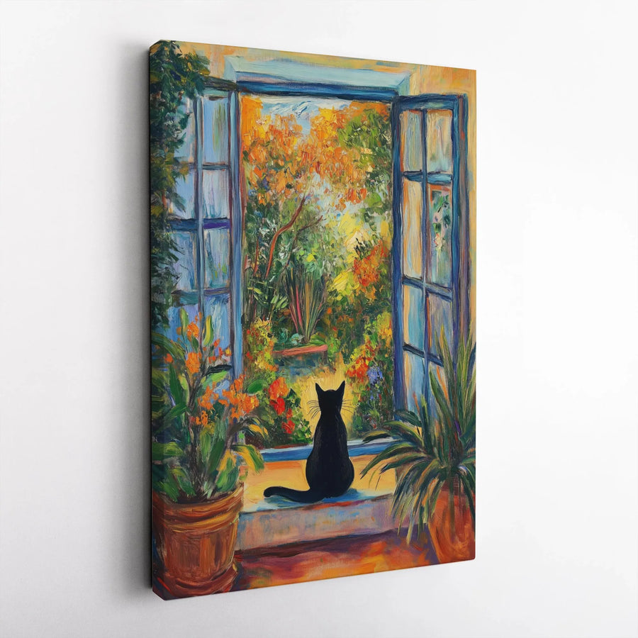 Black Cat Wall Art | Impressionist Window View With Lush Garden | Premium Gallery-Wrapped Canvas Print | Perfect Gift for Cat Lovers & Home Decor
