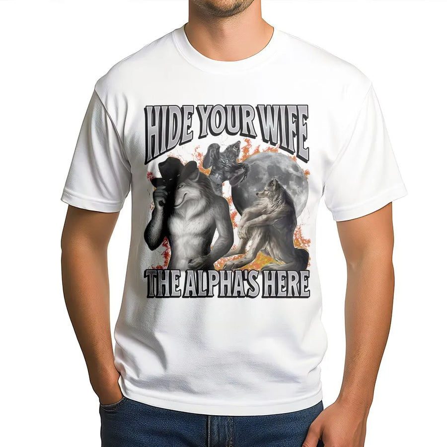 Alpha Wolf Meme T-Shirt | Hide Your Wife Bootleg Graphic Tee | Soft Cotton Unisex Fit | Funny Gag Gift for Men