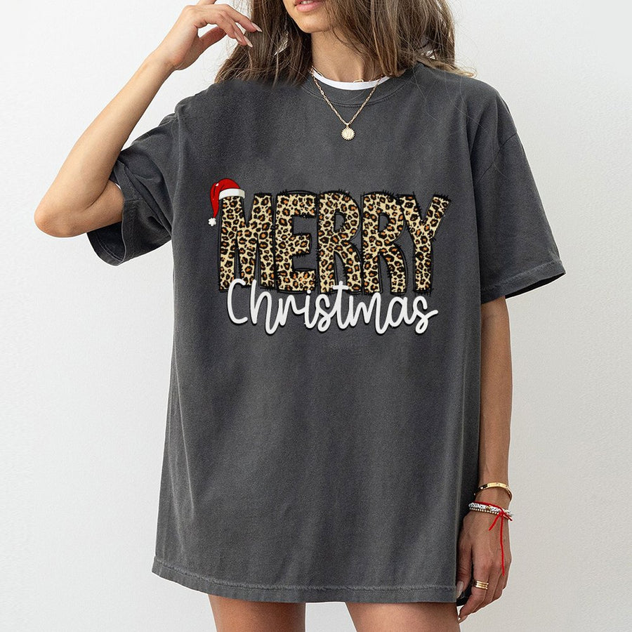 Merry Christmas T-Shirt | Leopard Print Graphic Holiday Design | 100% Cotton Premium Tee | Festive Gift for Women and Men