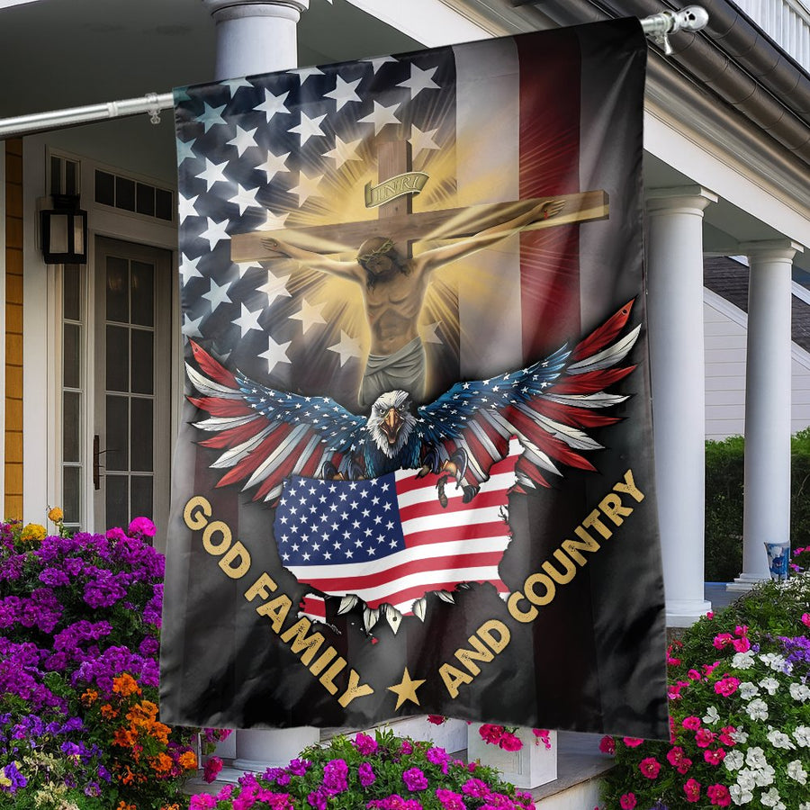 God Family And Country Flag | American Eagle and Jesus Cross Design | Premium Fade-Resistant Polyester | Patriotic Garden Decor House Flag Gift