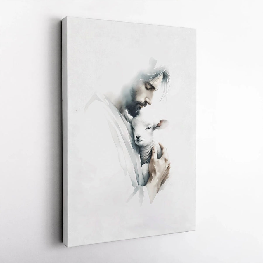 Jesus The Good Shepherd Canvas | Watercolor Lamb Art Print | 1.25-inch Gallery Wrapped Premium Decor | Religious Christian Gift for Home