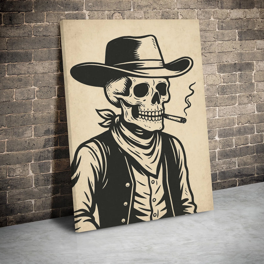 Western Cowboy Skeleton Canvas | Smoking Skull Wall Art | Premium Gallery Wrap Print | Edgy Gothic Home Decor Gift