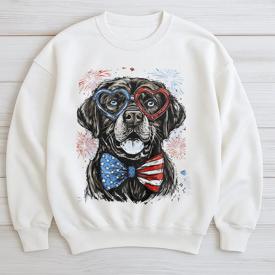 Patriotic Labrador Retriever Sweatshirt | Dog with American Flag Sunglasses | Soft Cotton Graphic Tee | 4th of July Gift for Dog Lover
