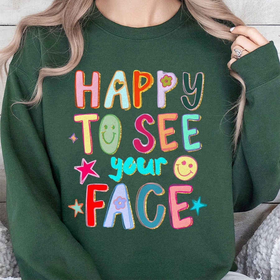 Happy To See Your Face Sweatshirt | Retro Groovy Smiley Graphic | Premium Cotton Blend | Aesthetic Positive Vibes Gift for Women & Teens