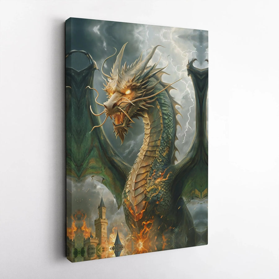 Dragon Canvas Wall Art | Ferocious Beast Attacking Burning Castle Print | Premium Gallery Wrapped | Epic Fantasy Home Decor Gift
