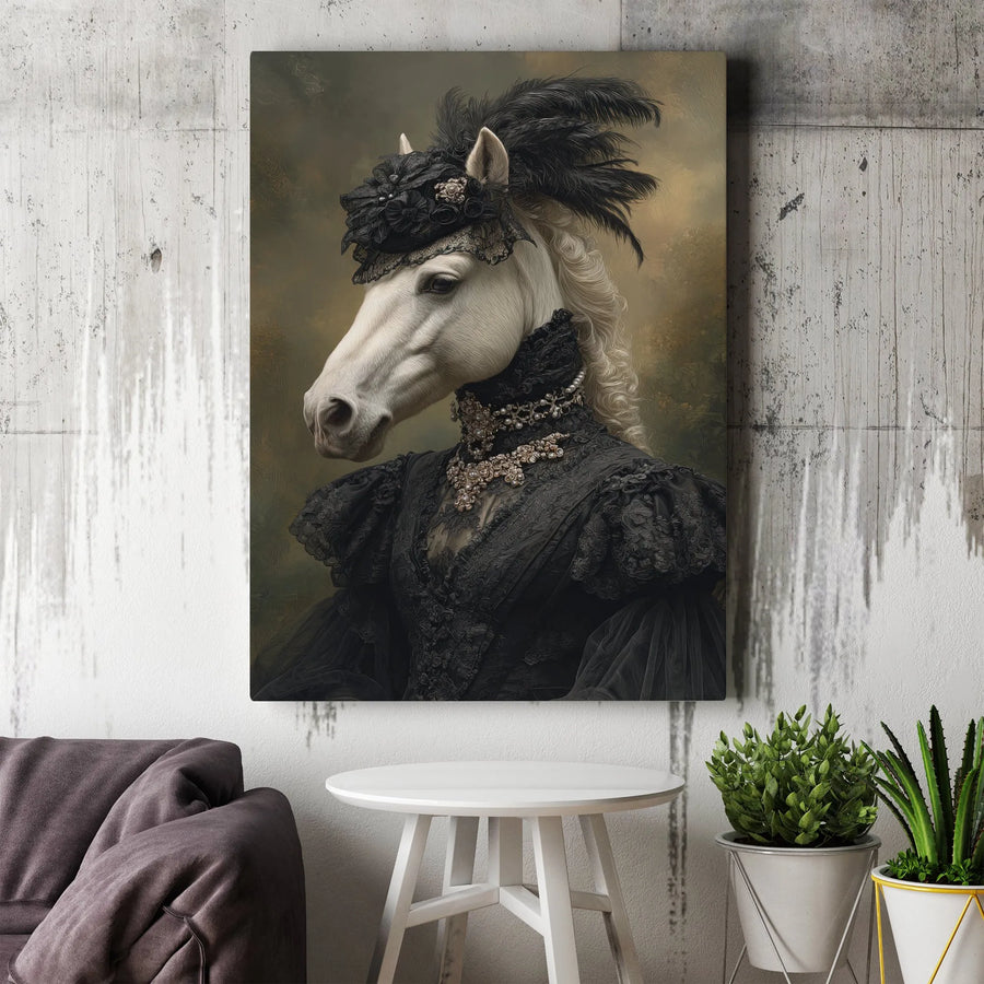 Victorian Horse Portrait Canvas Print | Anthropomorphic White Horse in Black Gothic Gown | Premium Gallery Wrapped Canvas | Collector's Gift for Dark Academia Home Decor