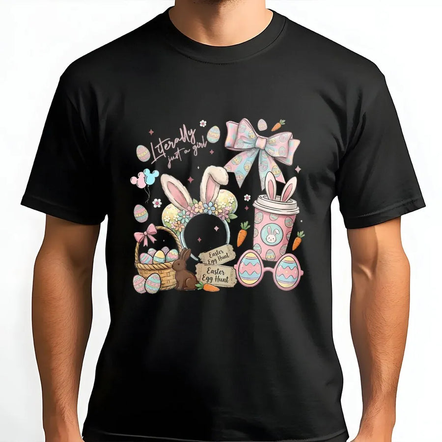Easter Coquette T-Shirt | Floral Bunny and Eggs Graphic Art | 100% Soft Cotton Tee | Cute Spring Holiday Gift for Women