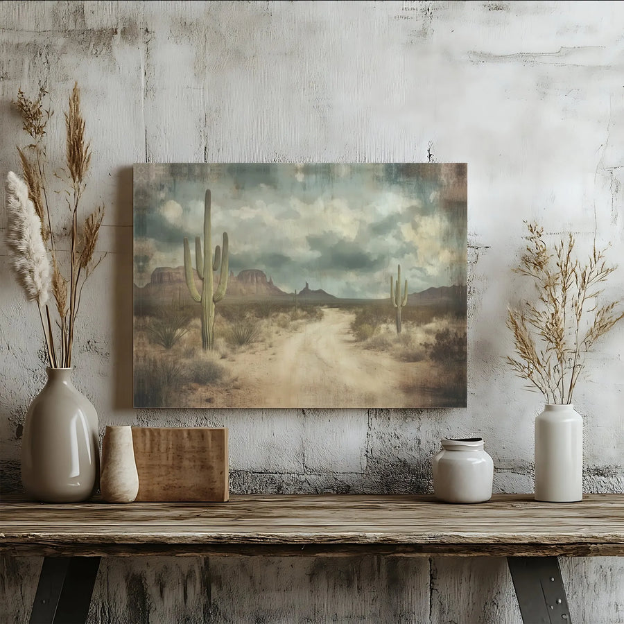 Southwestern Desert Landscape Canvas | Vintage Saguaro Cactus Wall Art | Premium Gallery Wrapped Print | Western Home Decor Gift