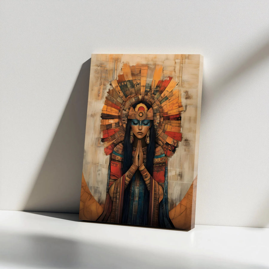 Aztec Goddess Wall Art | Spiritual Praying Woman With Ornate Headdress | Premium Gallery Wrapped Canvas | Southwestern Home Decor Gift