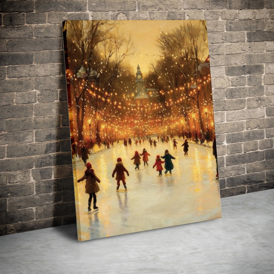 Winter Ice Skating Canvas Art | Festive Park Christmas Lights Painting | Premium Gallery Wrap Print | Holiday Home Decor Gift