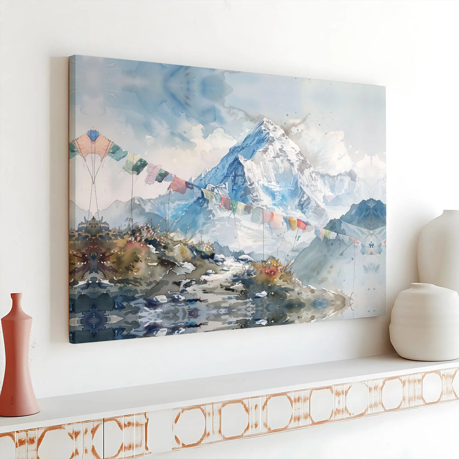 Himalayan Mountain Landscape Canvas | Watercolor Tibetan Prayer Flags Art | Premium Gallery Wrap Print | Zen Home Decor Gift for Travelers