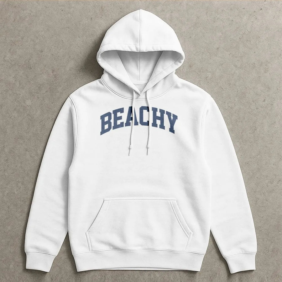 Beachy Hoodie Sweatshirt | Collegiate Font Coastal Pullover | Premium Cotton Blend | Unisex Summer Vacation Gift