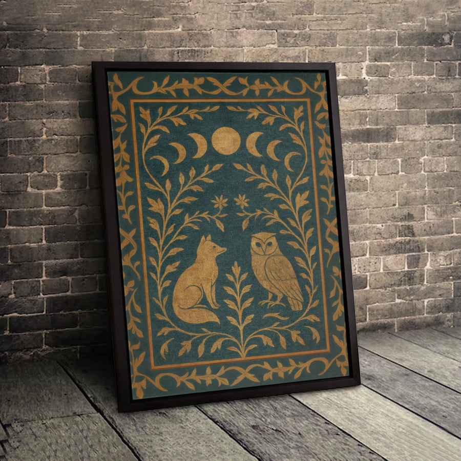Forest Animal Canvas Wall Art | Whimsical Fox and Owl with Moon Phases | Premium Fade-Resistant Gallery Wrap | Enchanting Boho Home Decor Gift
