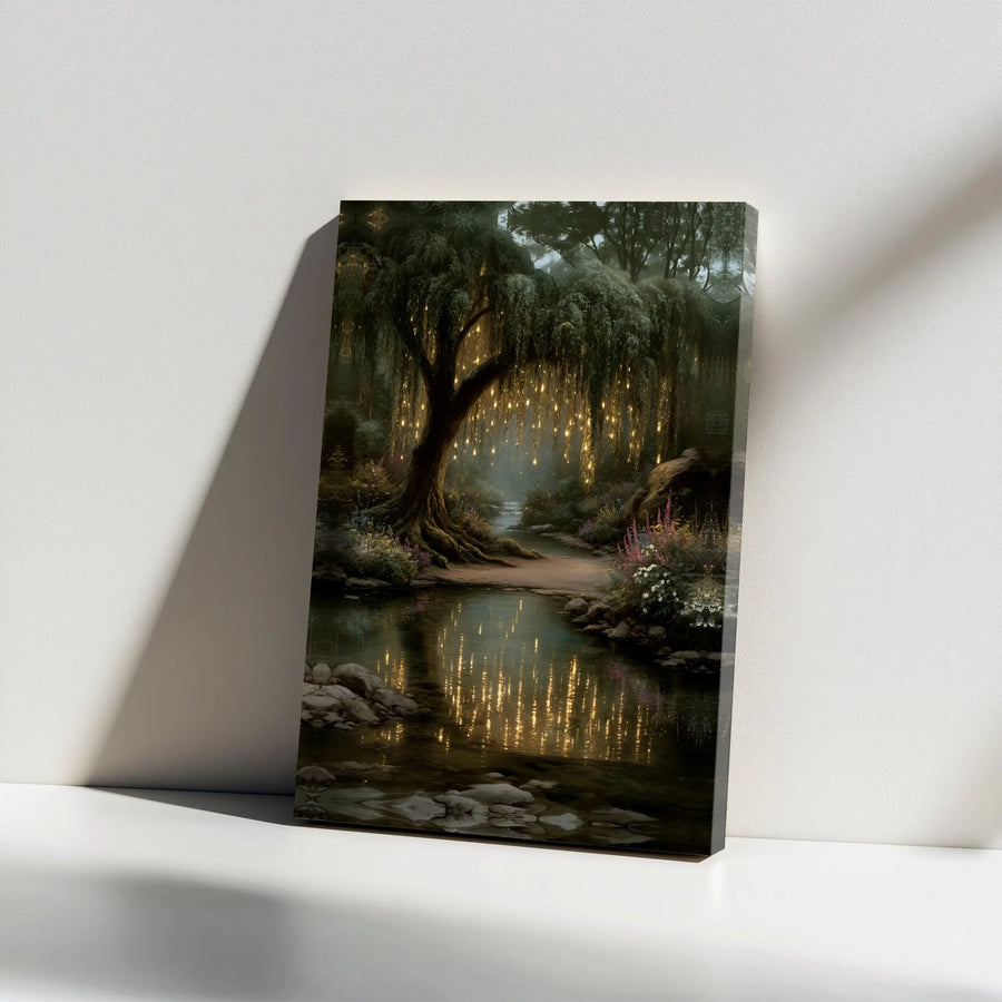 Enchanted Willow Tree Canvas Wall Art | Magical Forest with Glowing Lights | Premium Gallery Wrapped Print | Fantasy Bedroom Decor Gift