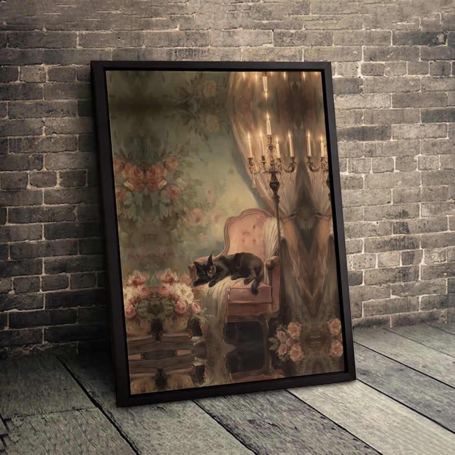 Black Cat Canvas Wall Art | Vintage Victorian Floral Decor | Premium Fade-Resistant Print | Moody Gothic Home Gift