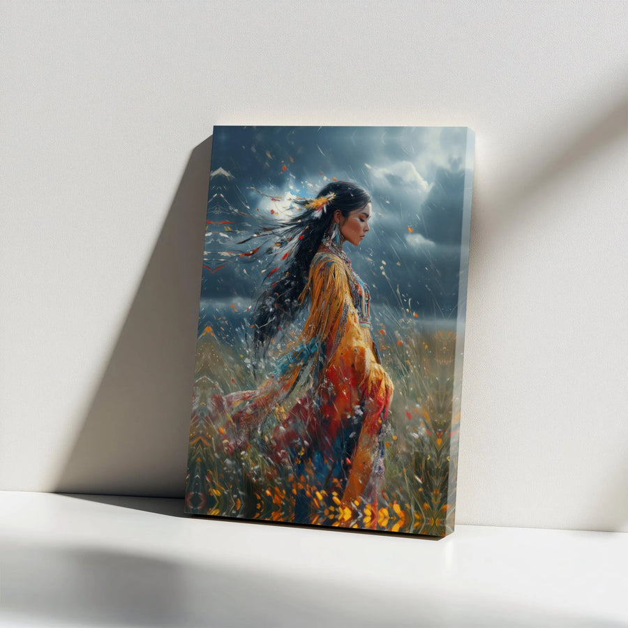 Native American Woman Wall Art | Dreamy Boho Portrait in Wind | Premium Gallery Wrapped Canvas | Spiritual Home Decor Gift