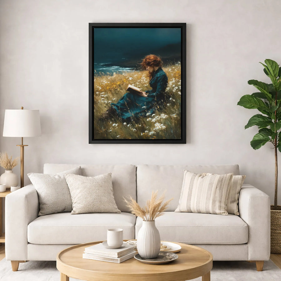 Woman Reading Book Canvas Wall Art | Moody Stormy Sea Wildflower Field | Premium Gallery Wrap Print | Romantic Aesthetic Home Decor Gift