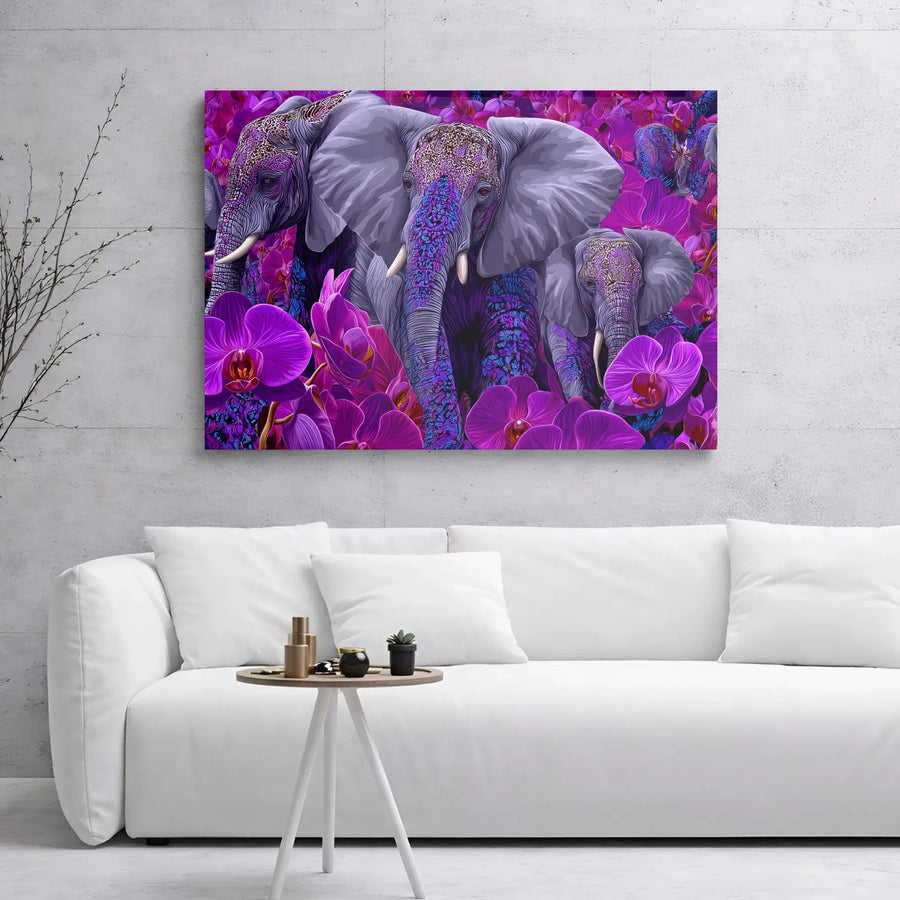 Elephant Family Canvas Wall Art | Purple Orchid Floral Print | Premium Gallery Wrap Decor | Nature Wildlife Home Gift