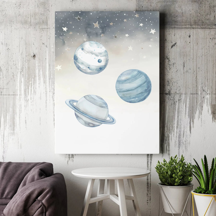 Watercolor Planet Wall Art | Celestial Blue Galaxy Nursery Decor | Gallery Quality 1.25” Thick Canvas | Space Themed Home Gift