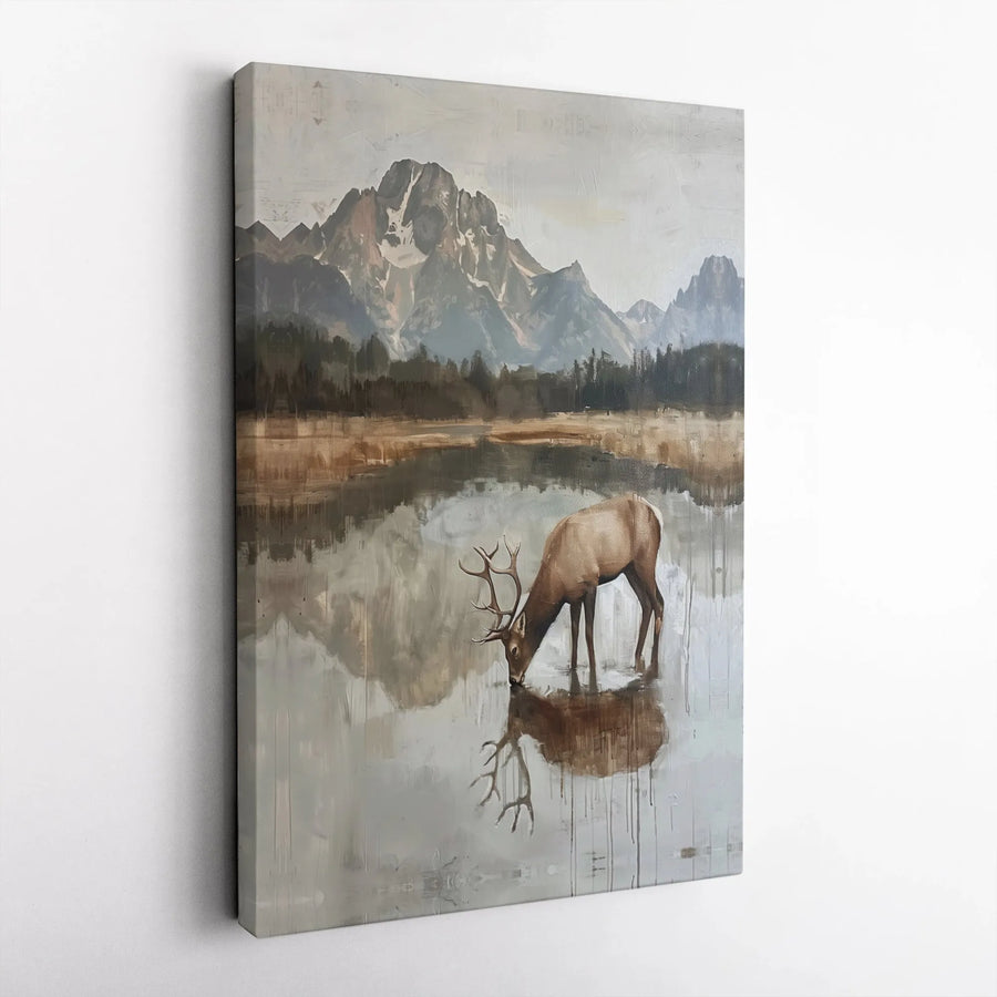 Elk Mountain Lake Canvas Wall Art | Rustic Wildlife Nature Landscape Print | Premium 1.25" Gallery Wrapped Decor | Lodge Cabin Home Gift