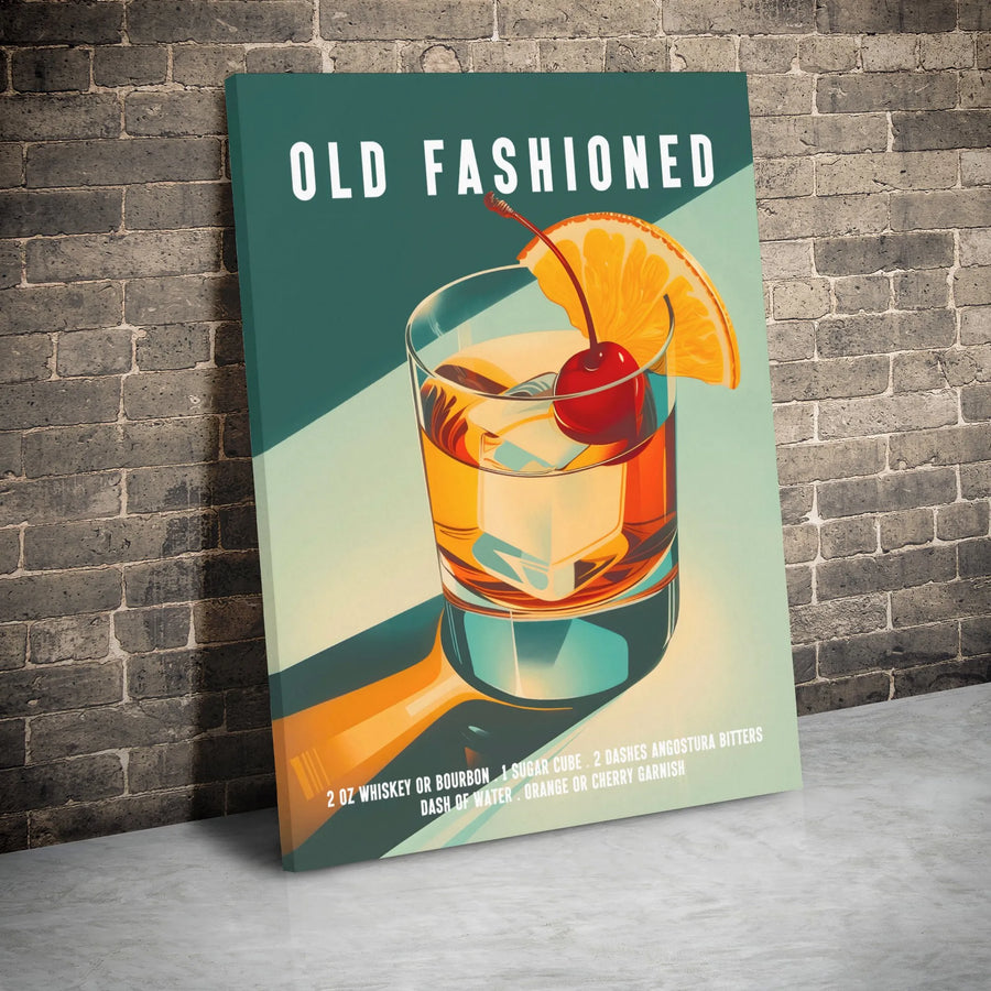 Old Fashioned Cocktail Canvas Print | Recipe Wall Art Decor | Premium Gallery Wrap | Bar Cart Gift for Whiskey Lovers