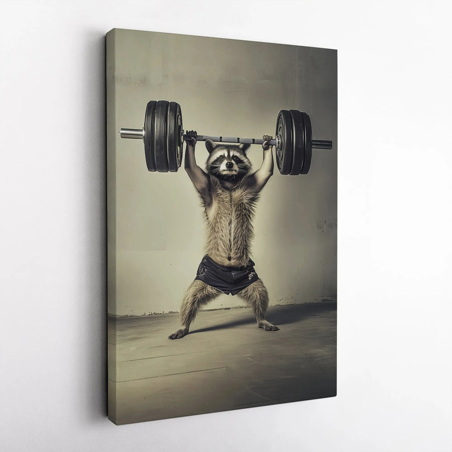 Raccoon Weightlifting Vertical Canvas | Funny Animal Workout Art | Premium Thick Gallery Wrap | Gym Wall Decor Gift for Lifters