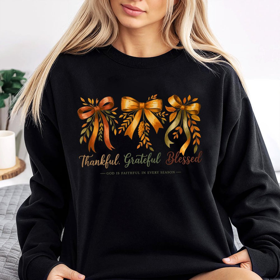 Thankful Grateful Blessed Sweatshirt | Christian Faith Fall Bow Aesthetic | Premium Cotton Blend | Gift for Women and Believers