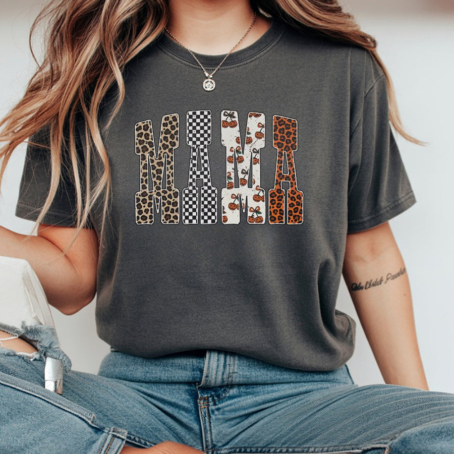 Mama T-Shirt | Halloween Leopard Print & Pumpkin Design | Premium 100% Cotton | Trendy Fall Gift for Mom