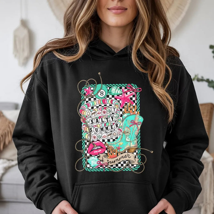 Coastal Cowgirl Hoodie | Salty Summer Western Beach Graphic | Premium Cotton | Gift for Her Summer Festival Top